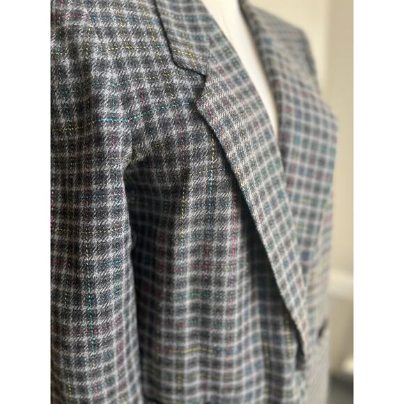 Vintage 90s Gray Rainbow Plaid Wool Blend Blazer Size Small